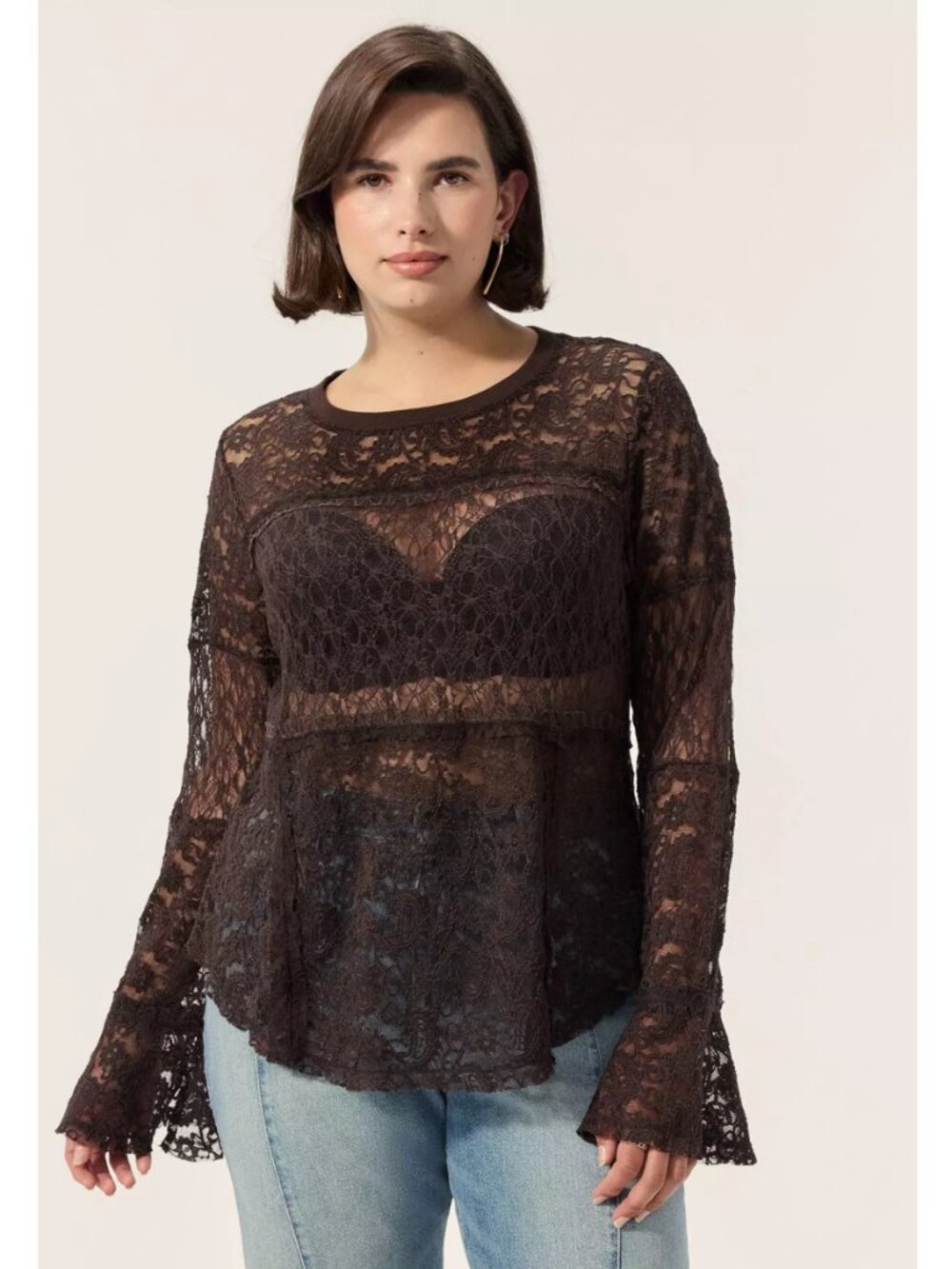 NWT Torrid 2 Festi Java Mixed Lace Bell Sleeve Top 2X 18 20